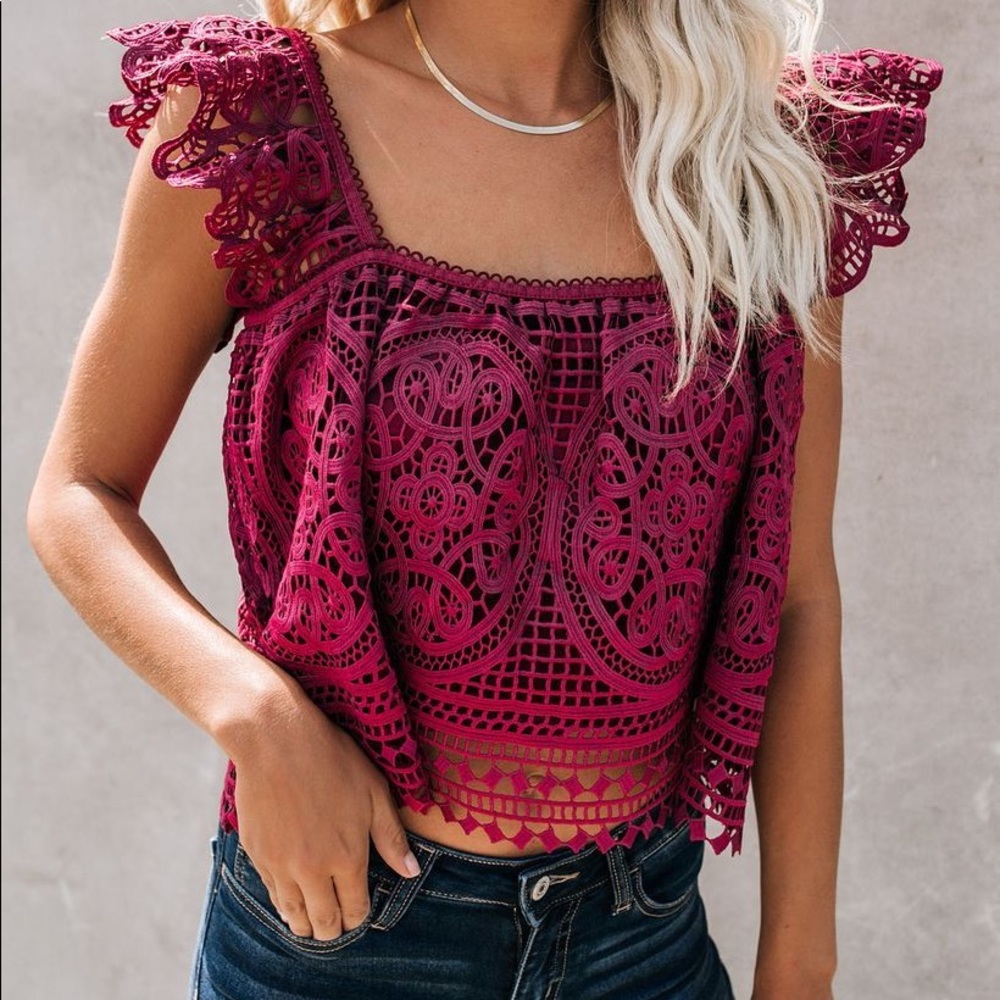 At Last Crochet Lace Crop Top - Burgundy - Large